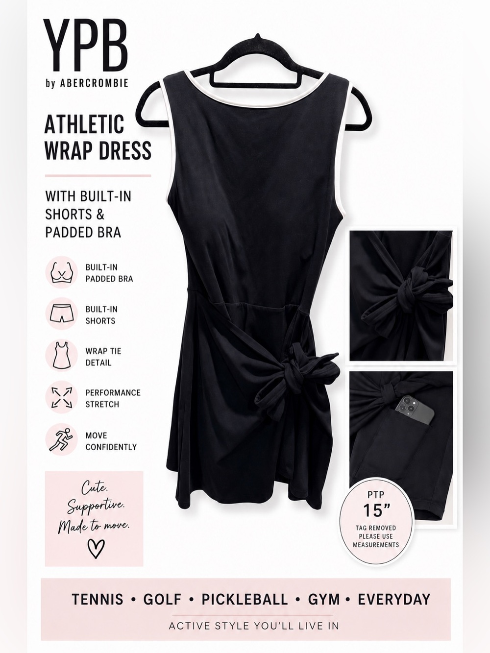 YPB by Abercrombie Black Athletic Wrap Dress with Built-In Shorts & Padded Bra - Picture 1 of 10